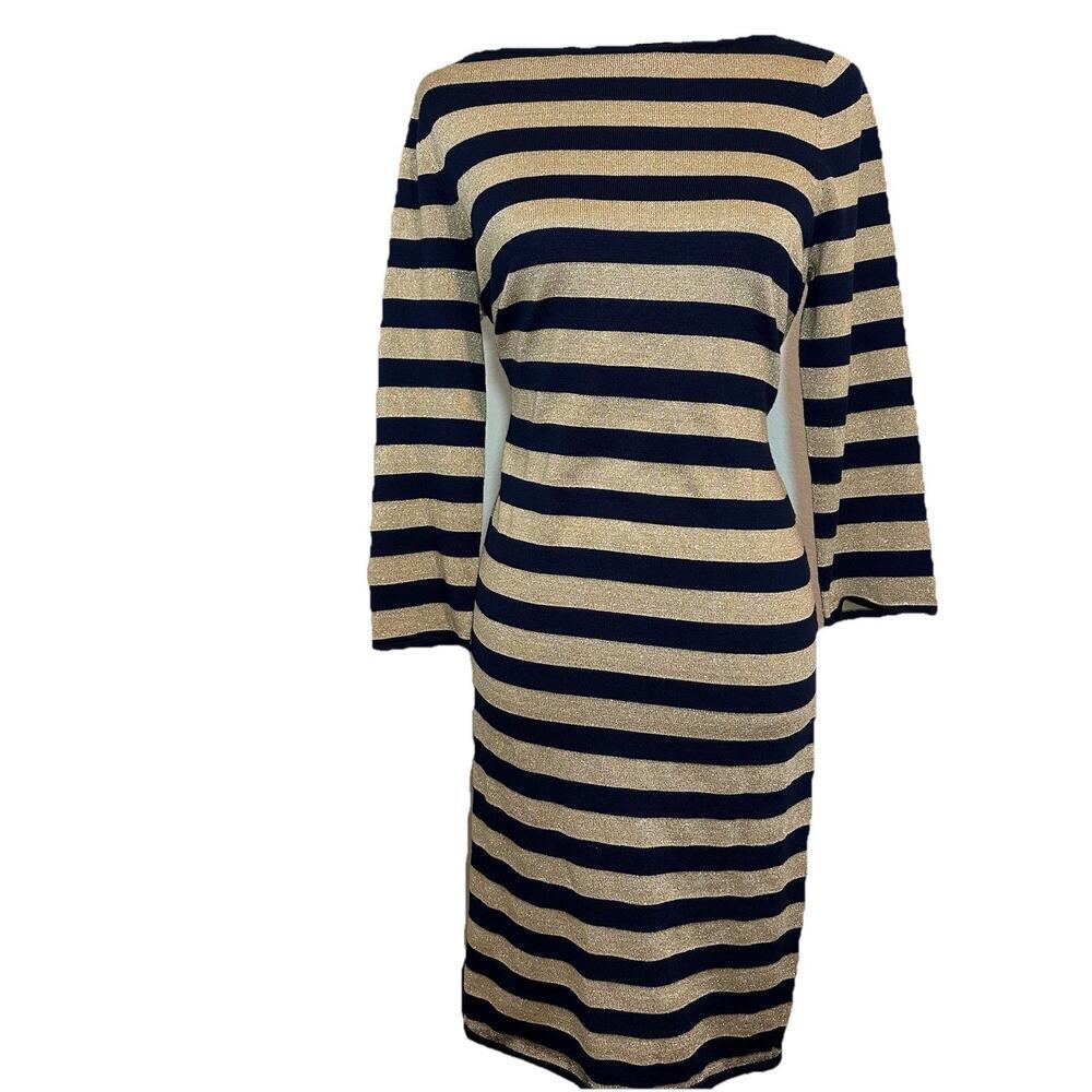 Ralph Lauren Sweater Dress Neutral Metallic Stripes Midi Office Bodycon Casual - Picture 2 of 12